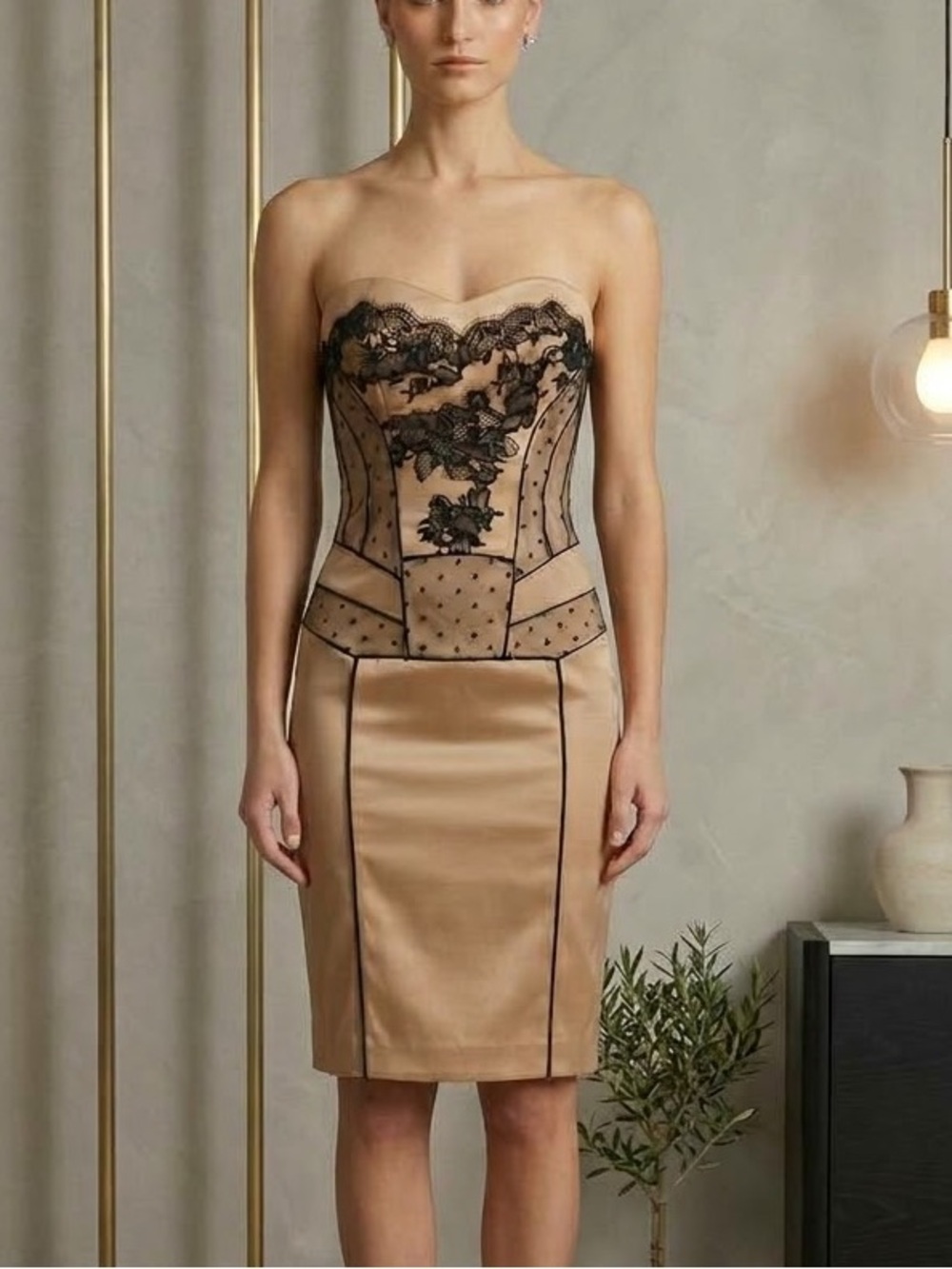 Mandalay Champagne Nude Black Lace Beaded Sheath Dress Sample Sz 6 Y2K Style